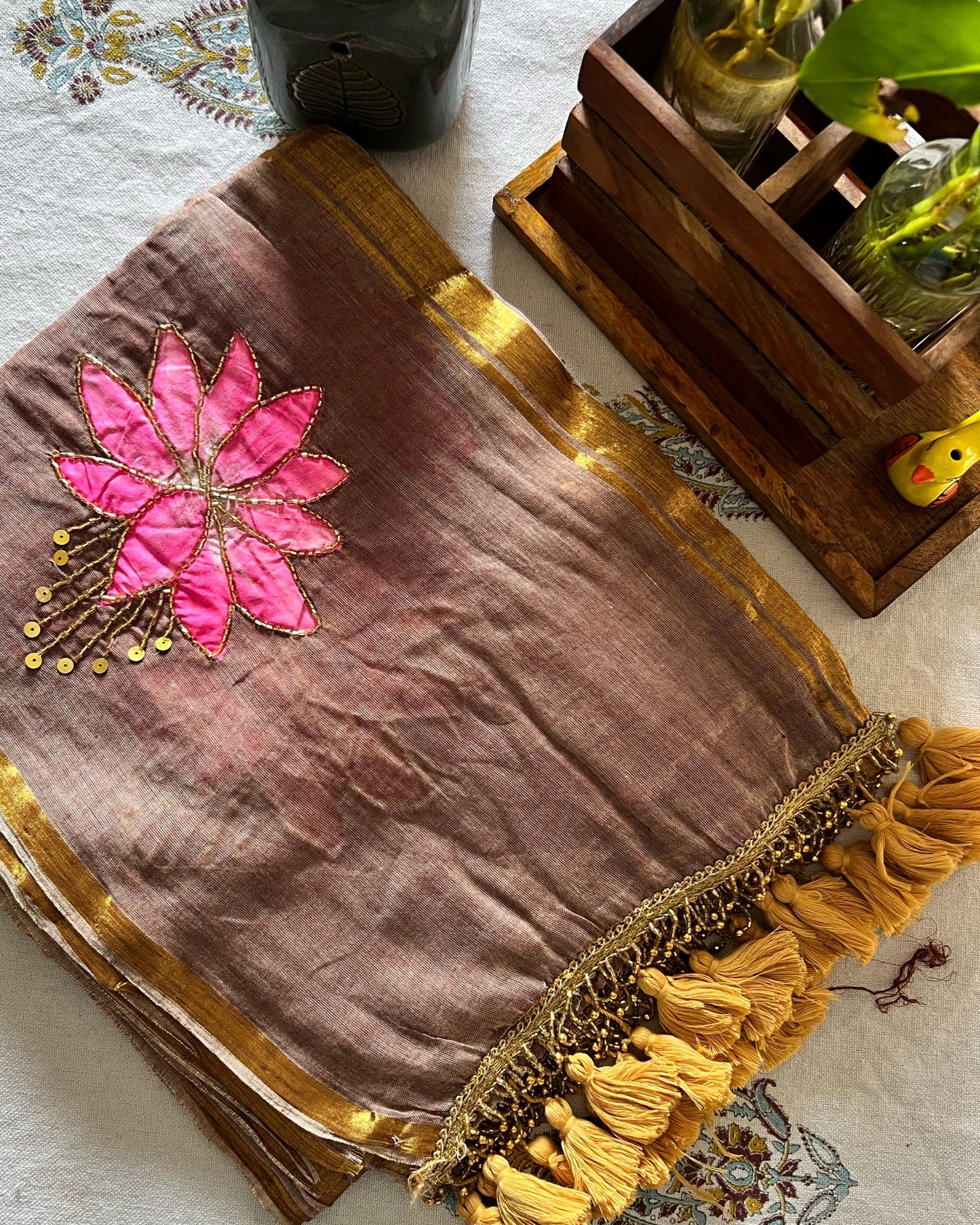 Cinnamon Lotus | Handpainted Mulmul Cotton Saree