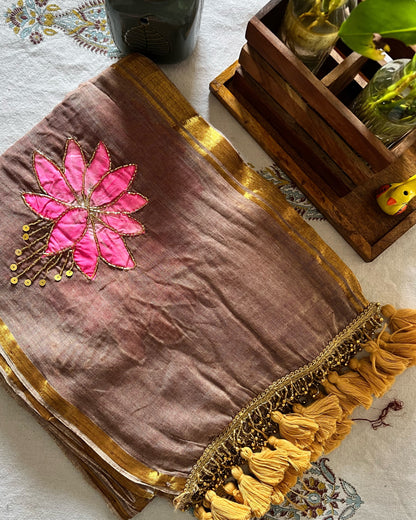 Cinnamon Lotus | Handpainted Mulmul Cotton Saree