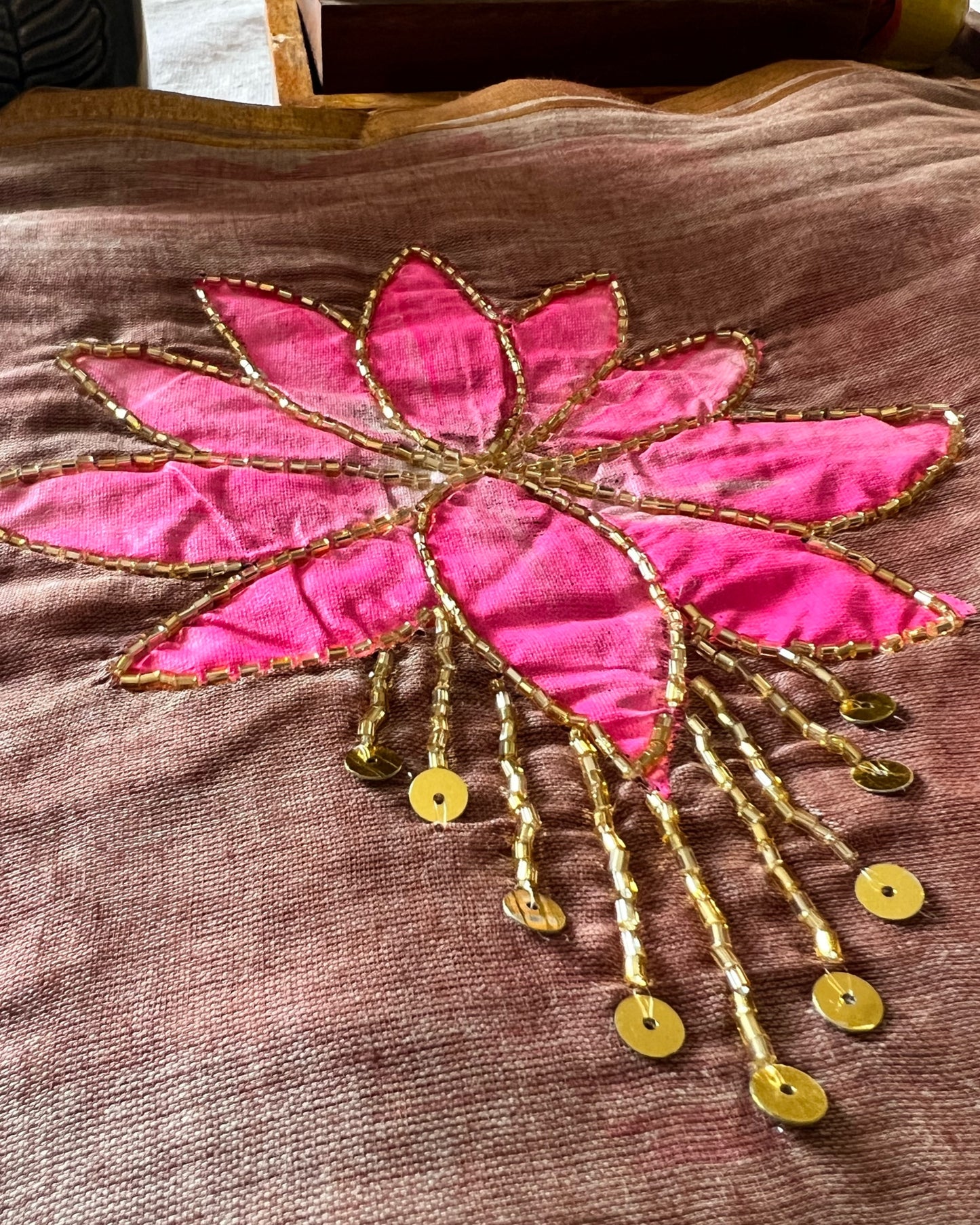 Cinnamon Lotus | Handpainted Mulmul Cotton Saree