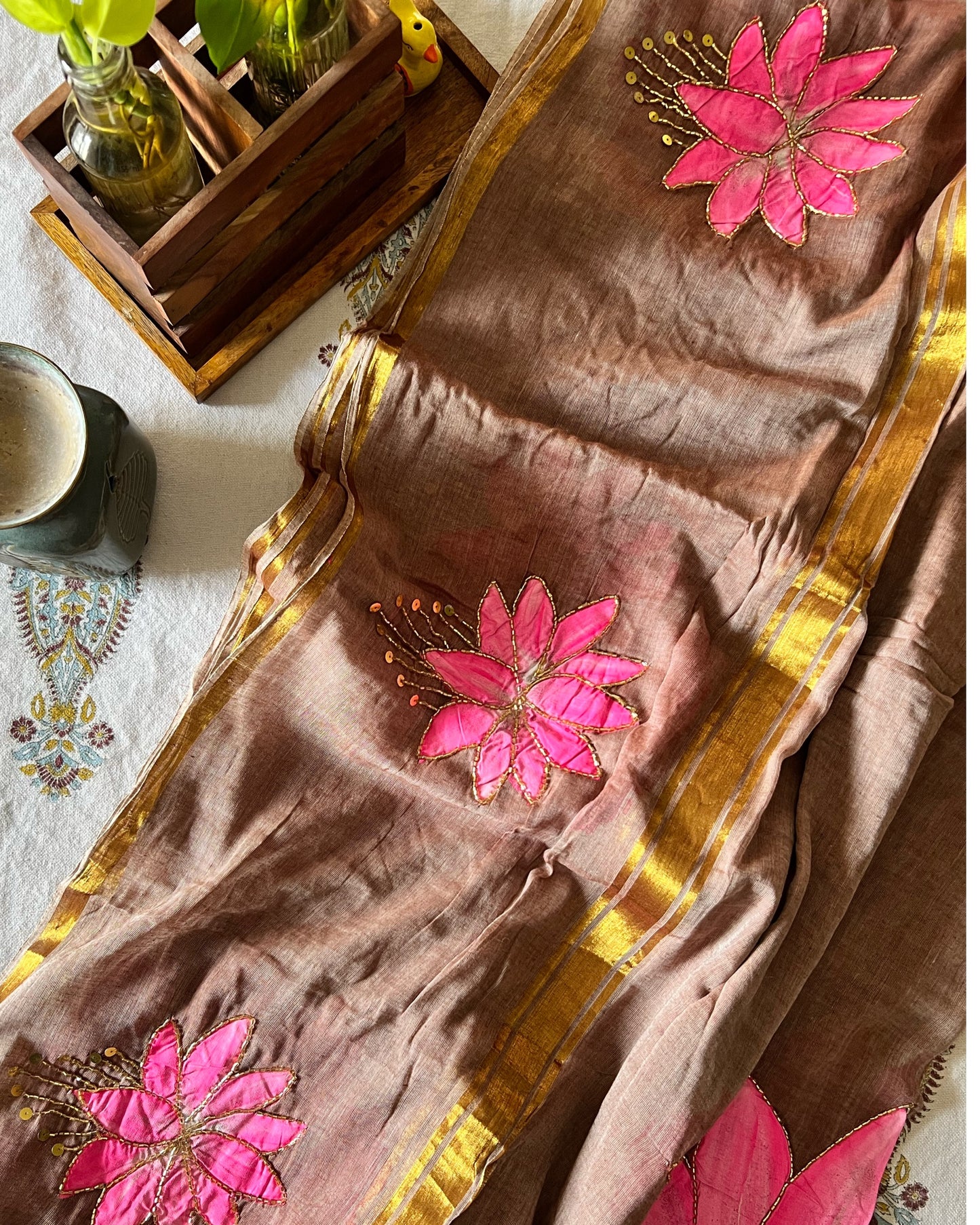 Cinnamon Lotus | Handpainted Mulmul Cotton Saree