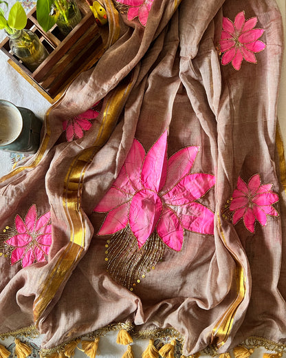 Cinnamon Lotus | Handpainted Mulmul Cotton Saree