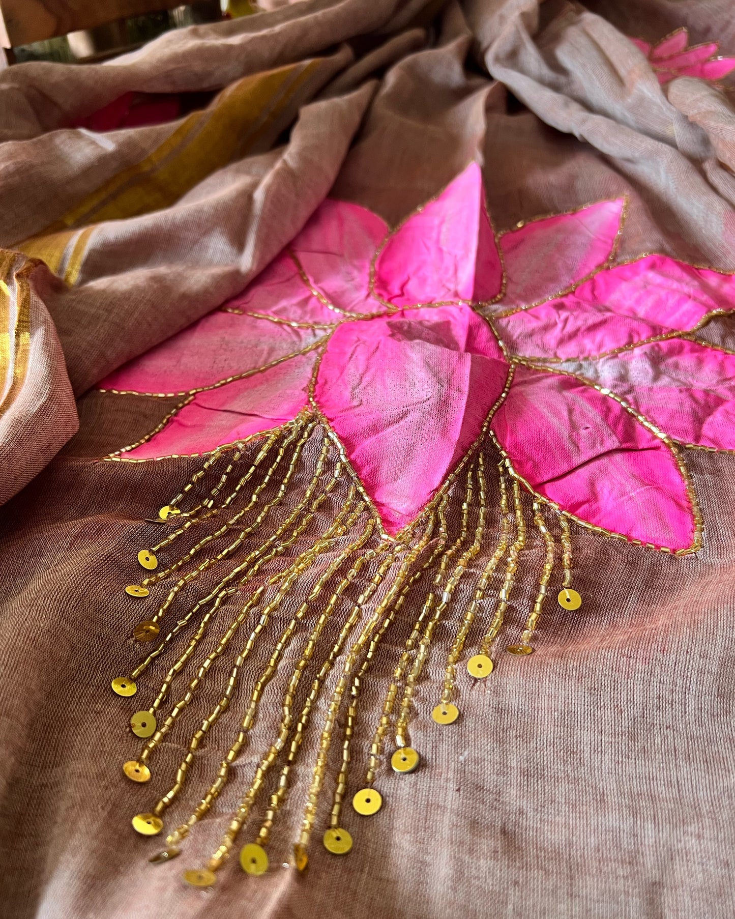 Cinnamon Lotus | Handpainted Mulmul Cotton Saree