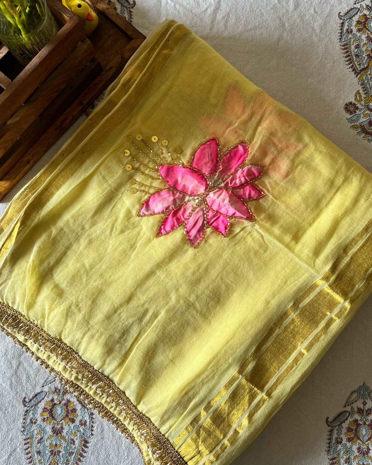 Lemon n Lotus | Handpainted Mulmul Cotton Saree