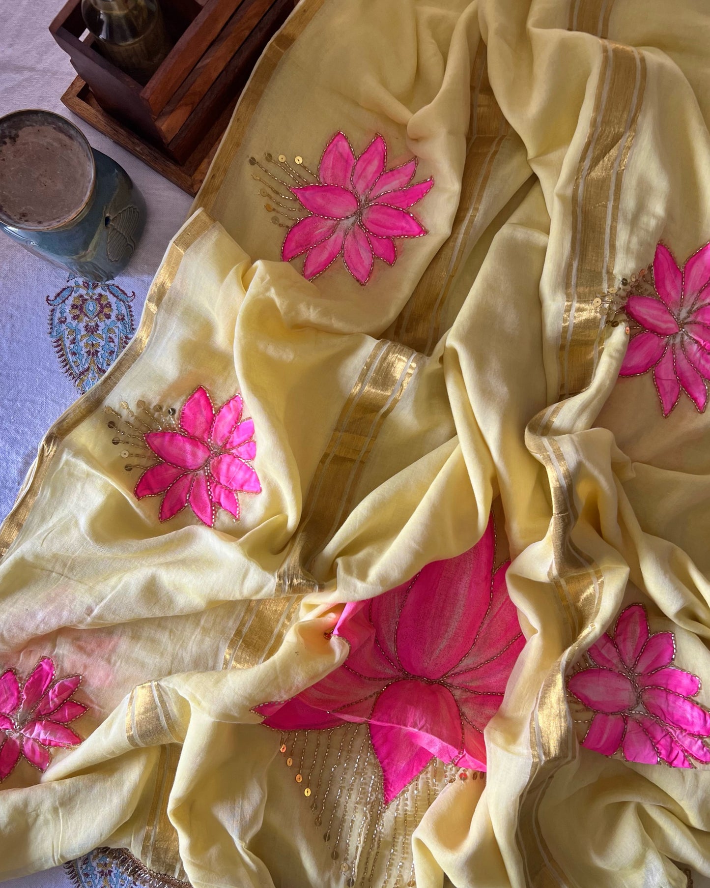 Lemon n Lotus | Handpainted Mulmul Cotton Saree