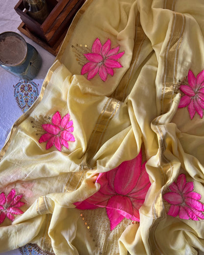 Lemon n Lotus | Handpainted Mulmul Cotton Saree