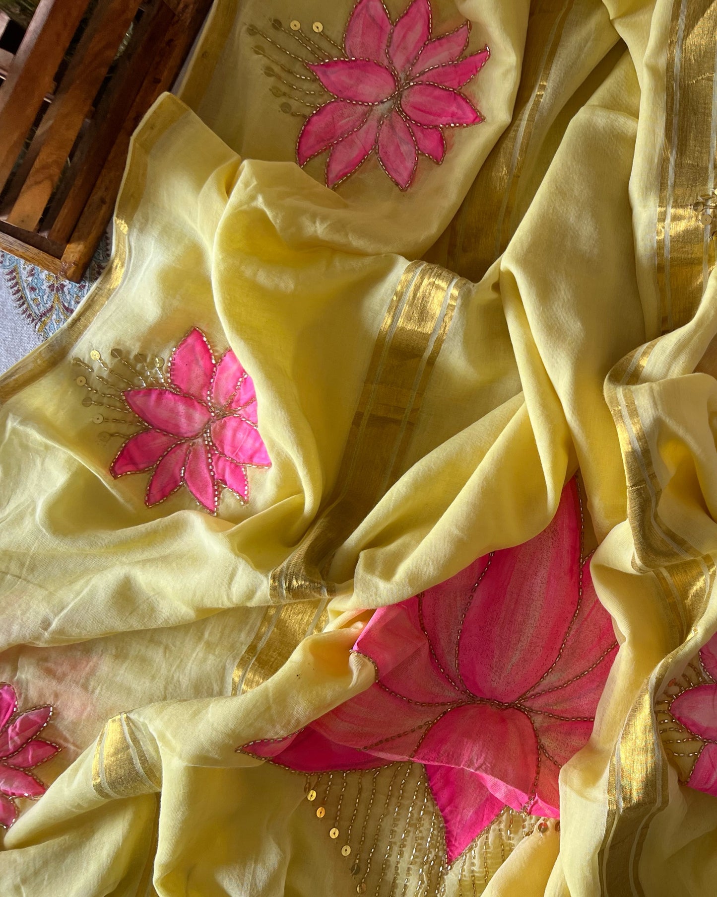 Lemon n Lotus | Handpainted Mulmul Cotton Saree