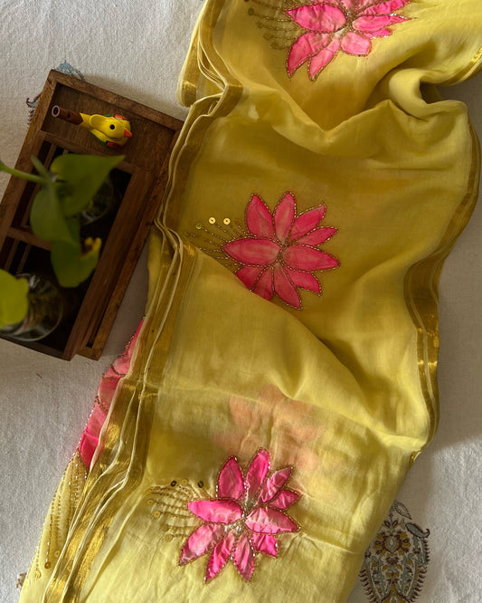 Lemon n Lotus | Handpainted Mulmul Cotton Saree