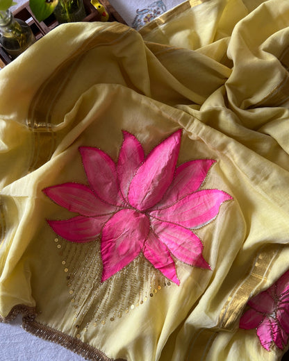 Lemon n Lotus | Handpainted Mulmul Cotton Saree
