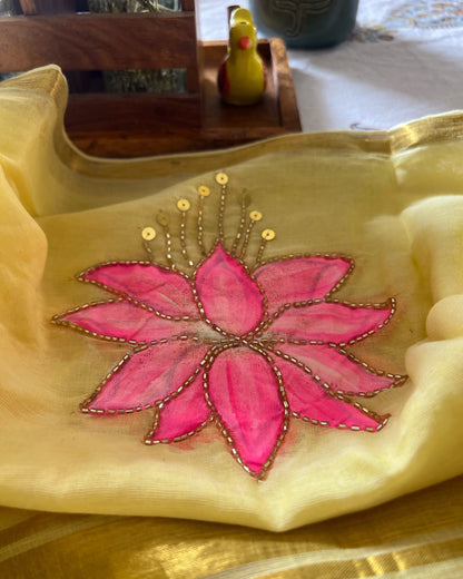 Lemon n Lotus | Handpainted Mulmul Cotton Saree
