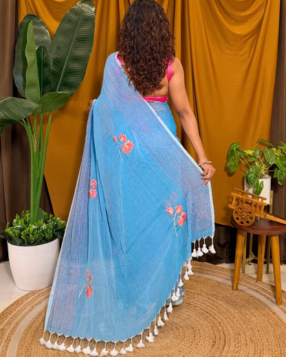 Lotus Azure – Hand Embroidered Blue Mulmul Cotton Saree