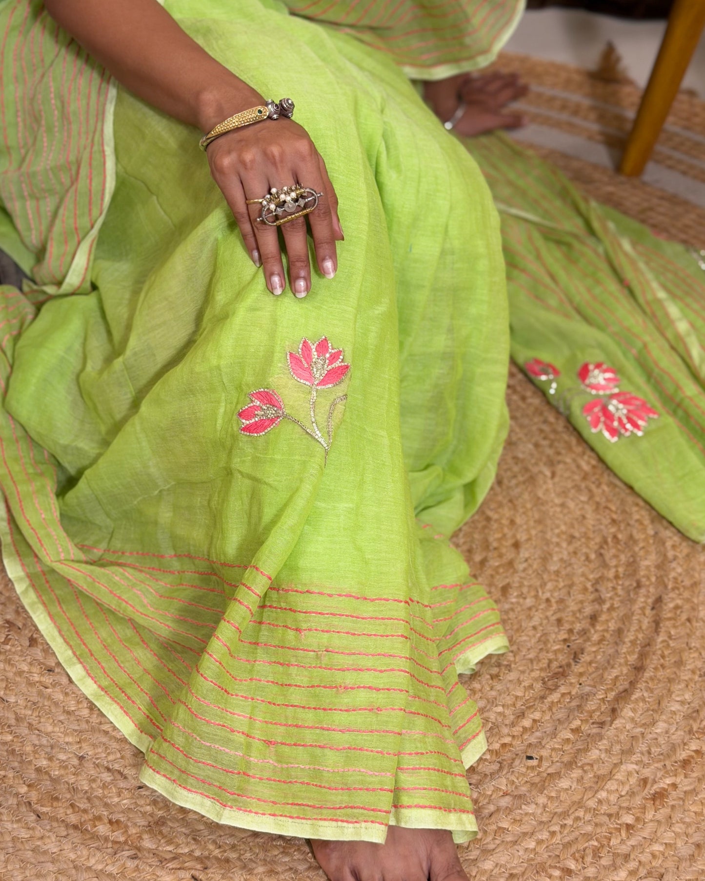 Lotus n Lime – Hand Embroidered Green Mulmul Cotton Saree