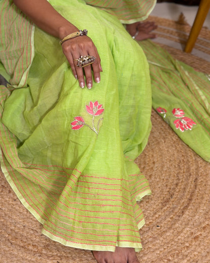 Lotus n Lime – Hand Embroidered Green Mulmul Cotton Saree