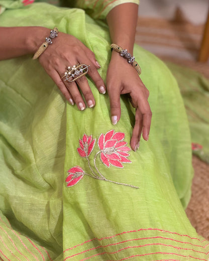 Lotus n Lime – Hand Embroidered Green Mulmul Cotton Saree