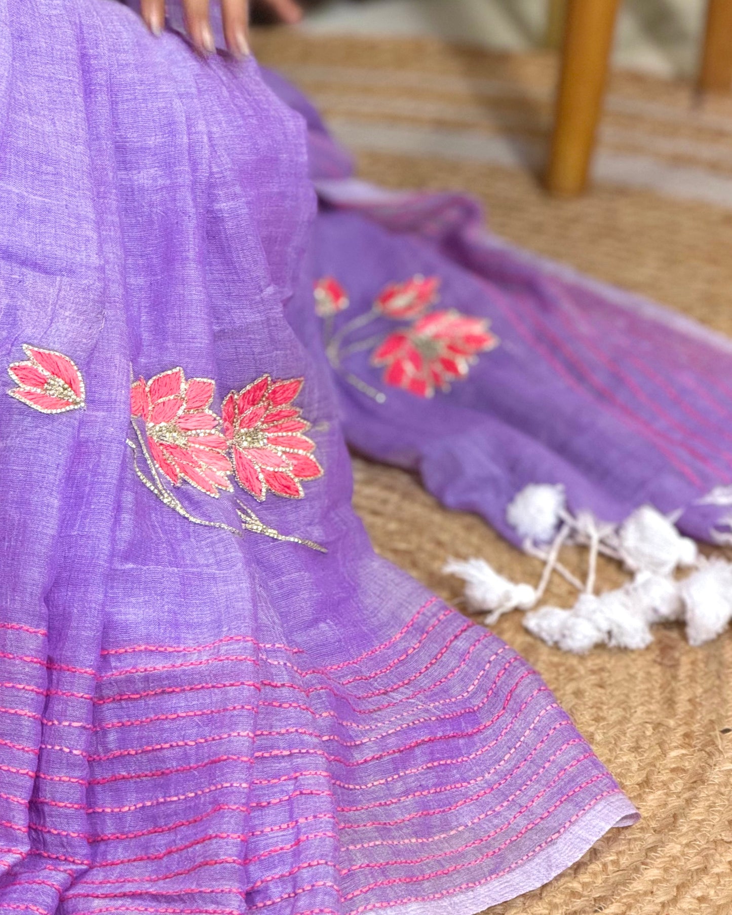 Lilac Lotus – Hand Embroidered Violet Mulmul Cotton Saree