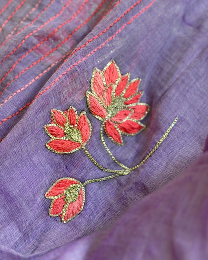 Lilac Lotus – Hand Embroidered Violet Mulmul Cotton Saree