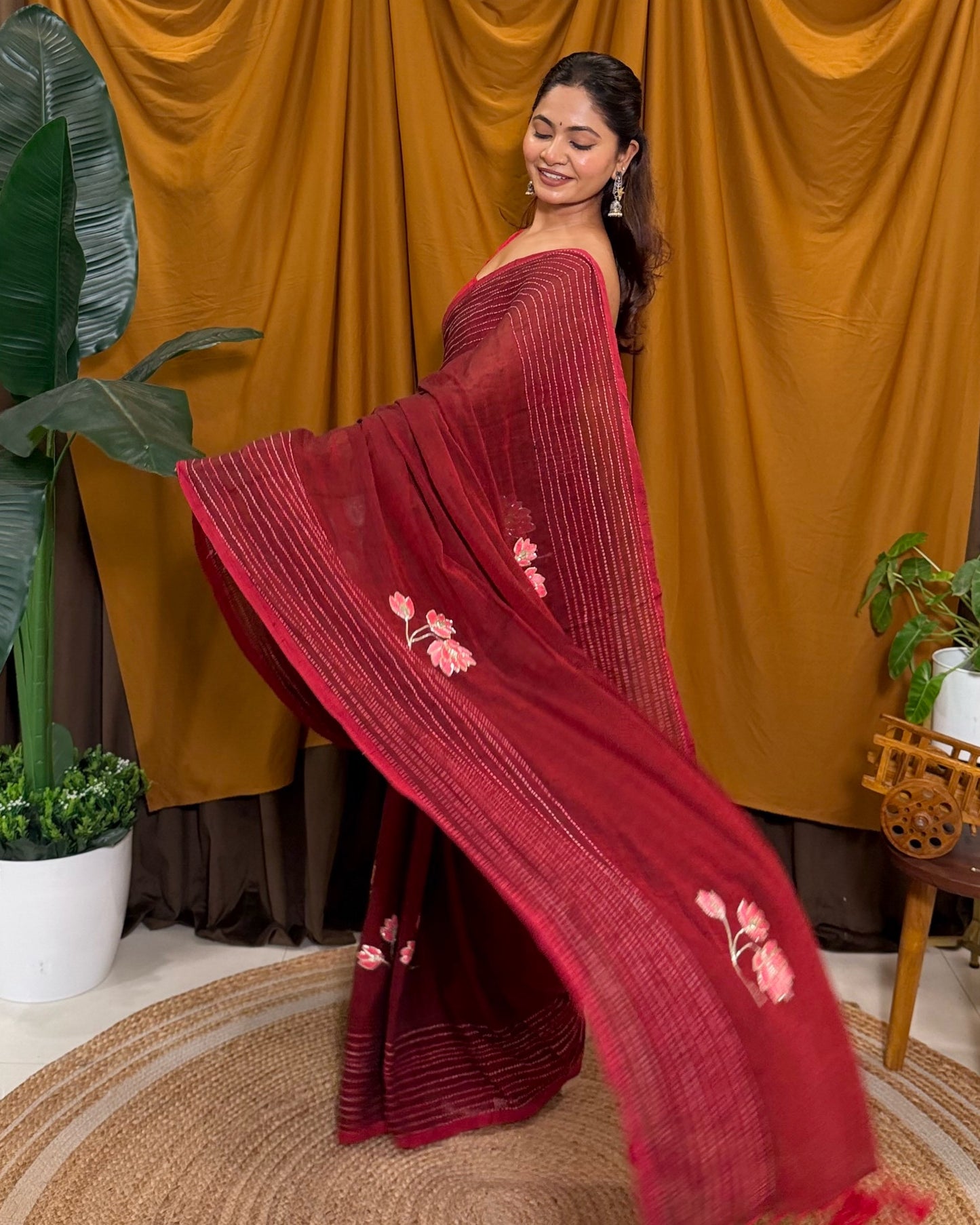 Velvet Lotus – Hand Embroidered Maroon Mulmul Cotton Saree
