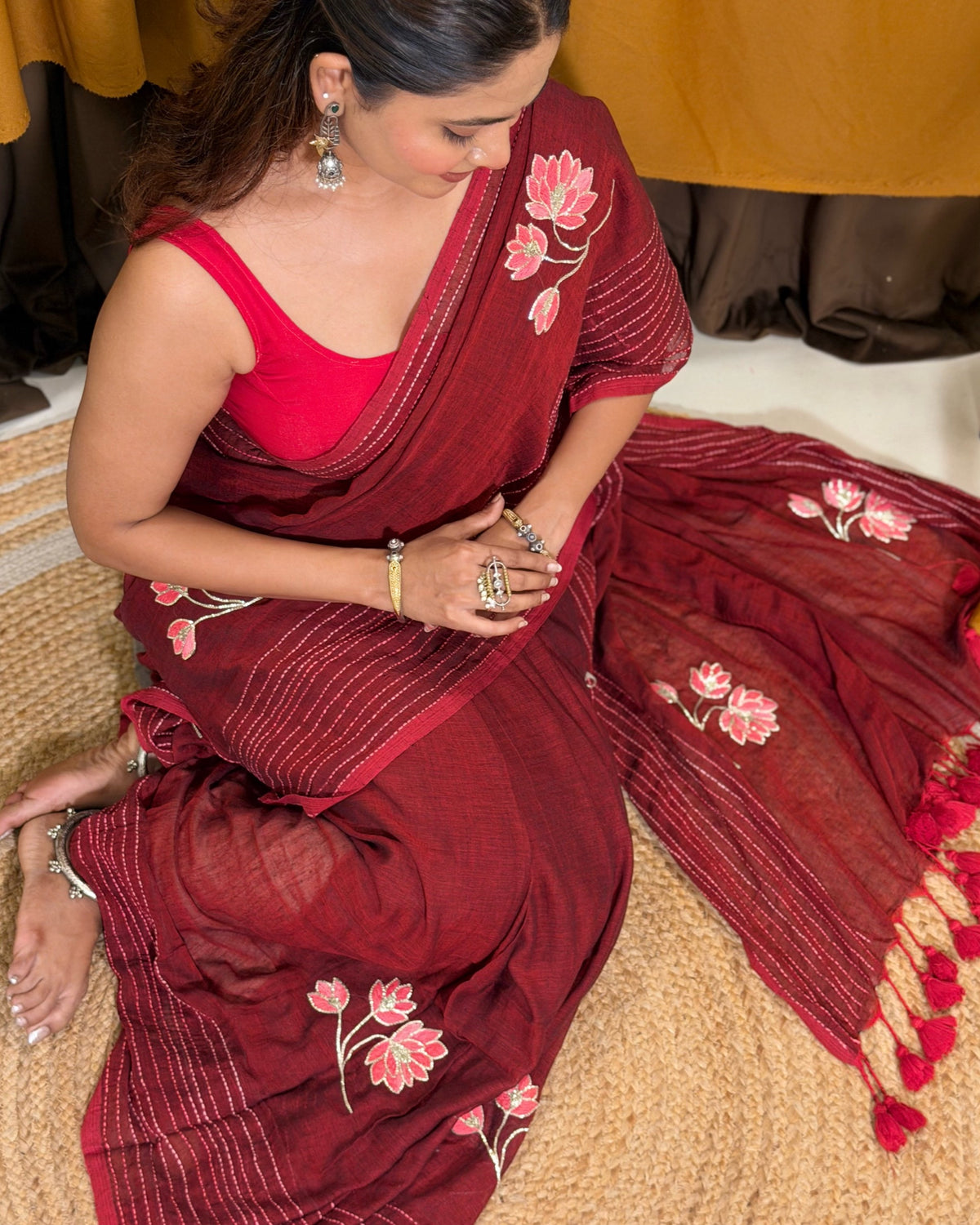 Velvet Lotus – Hand Embroidered Maroon Mulmul Cotton Saree