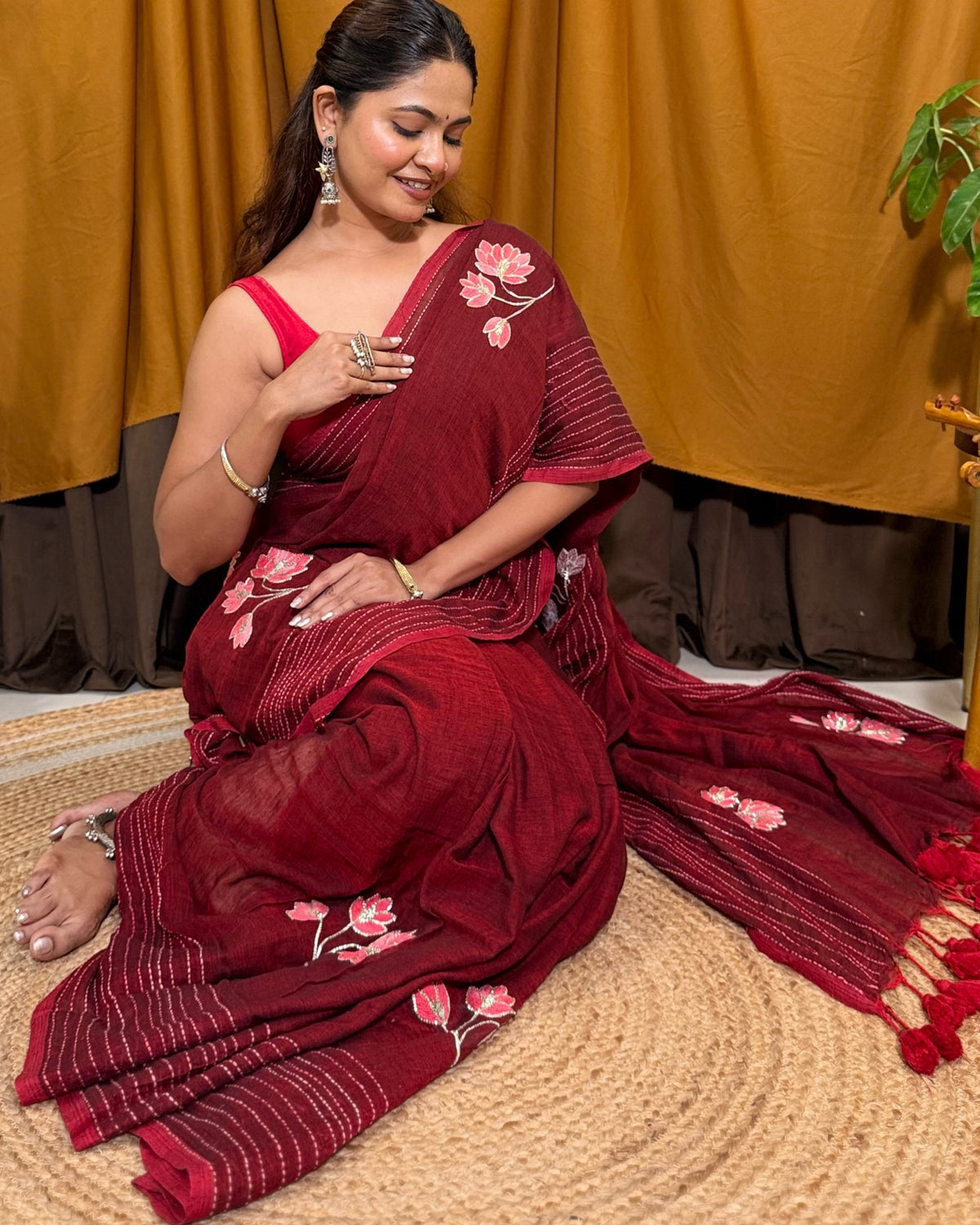 Velvet Lotus – Hand Embroidered Maroon Mulmul Cotton Saree