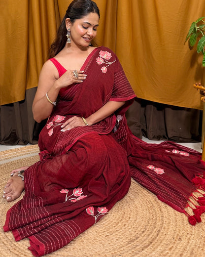 Velvet Lotus – Hand Embroidered Maroon Mulmul Cotton Saree