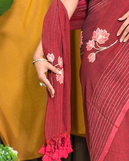 Velvet Lotus – Hand Embroidered Maroon Mulmul Cotton Saree