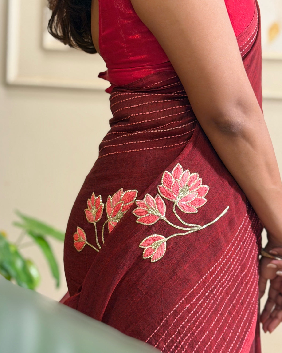 Velvet Lotus – Hand Embroidered Maroon Mulmul Cotton Saree