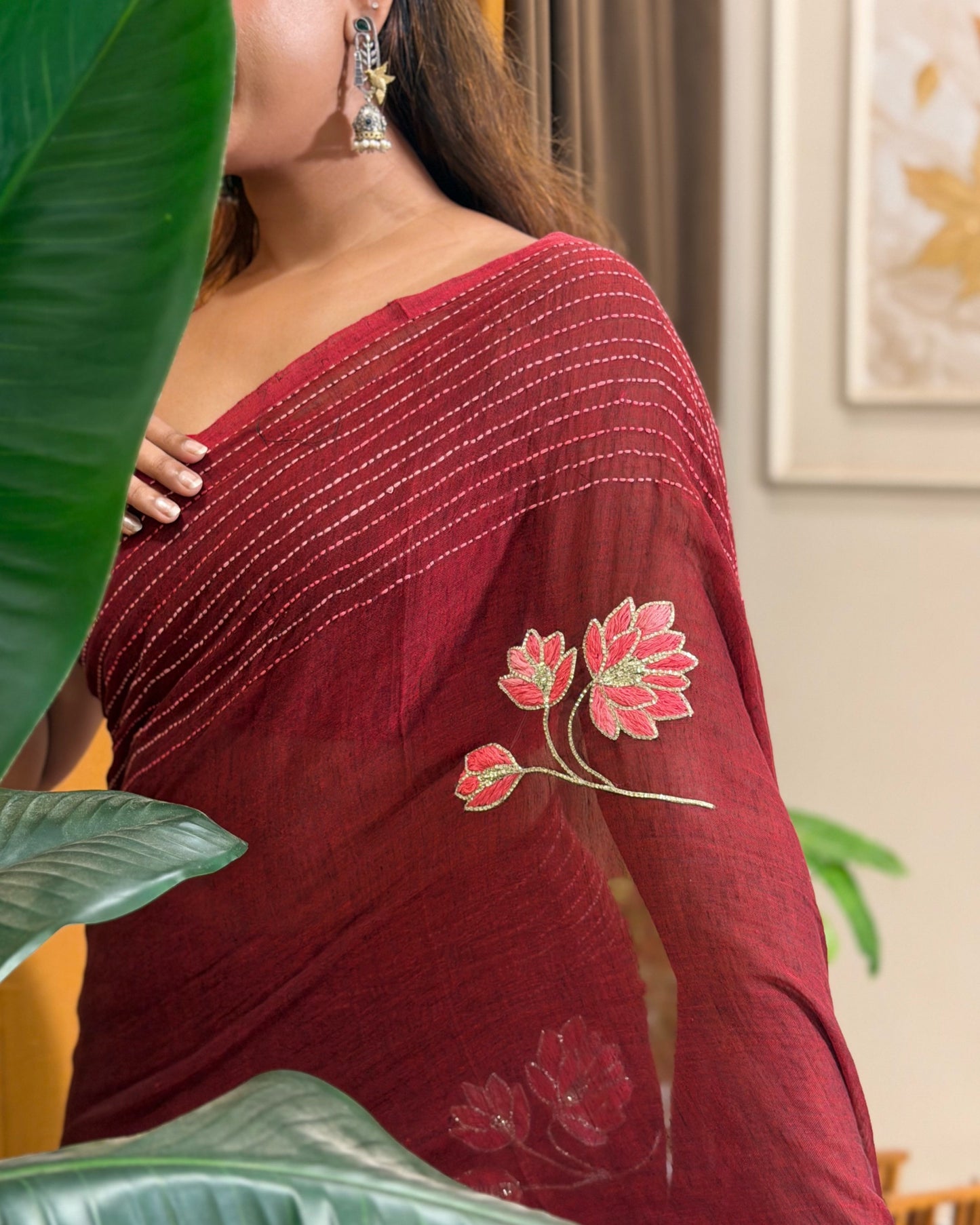 Velvet Lotus – Hand Embroidered Maroon Mulmul Cotton Saree