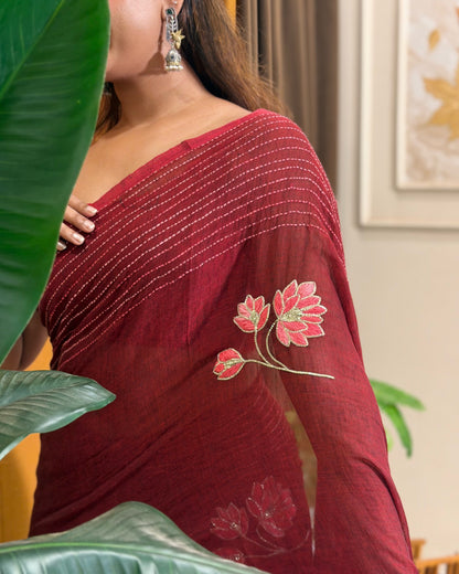 Velvet Lotus – Hand Embroidered Maroon Mulmul Cotton Saree