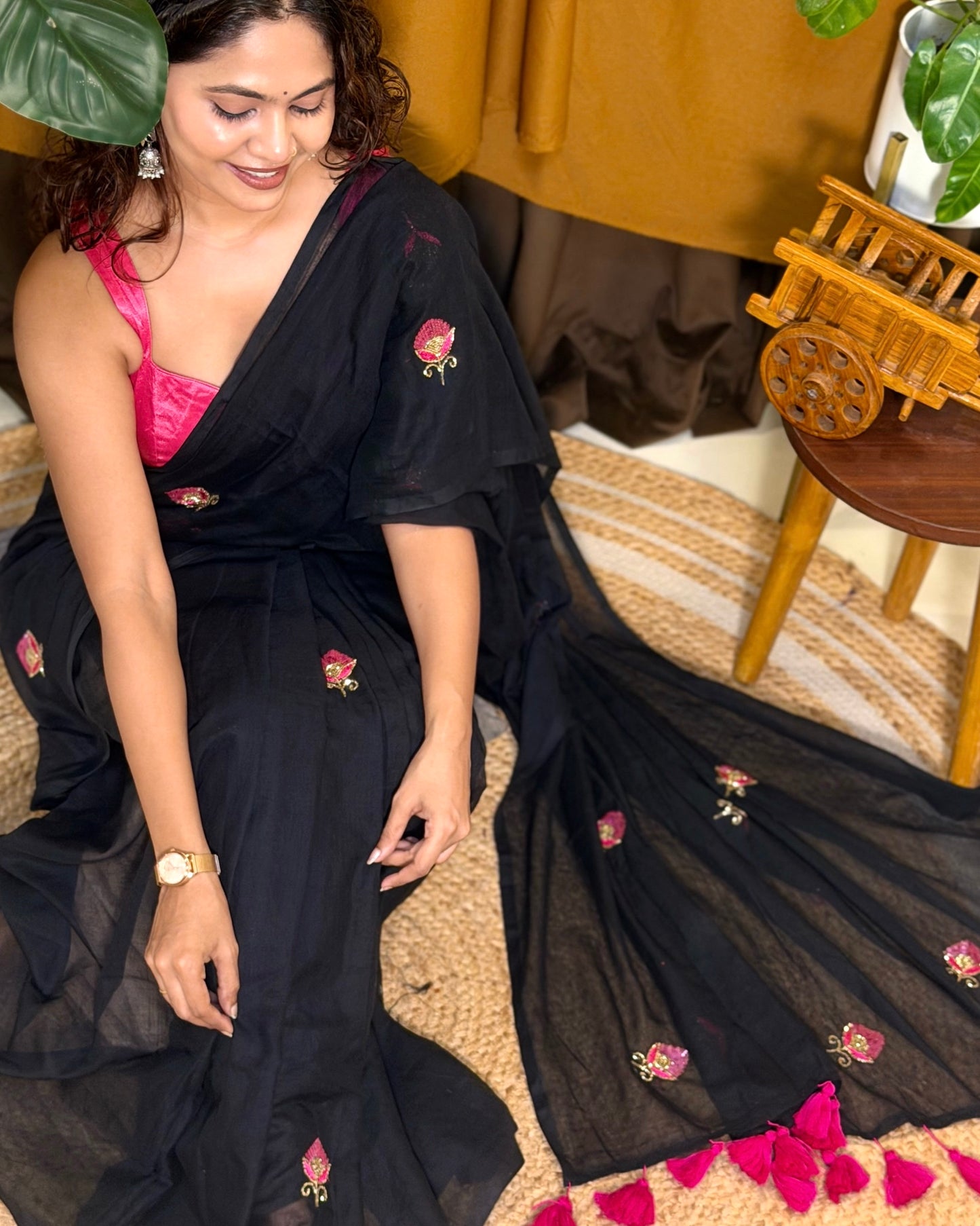 Noir N Petal – Embroidered Black Mulmul Cotton Saree
