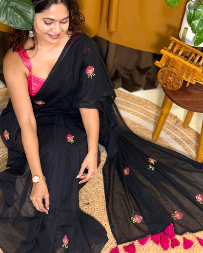 Noir N Petal – Embroidered Black Mulmul Cotton Saree