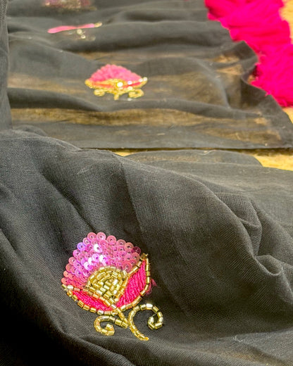Noir N Petal – Embroidered Black Mulmul Cotton Saree
