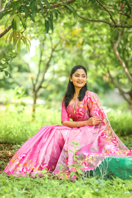 Silver Pink viral  tissue saree with floral embroidery orange and pink