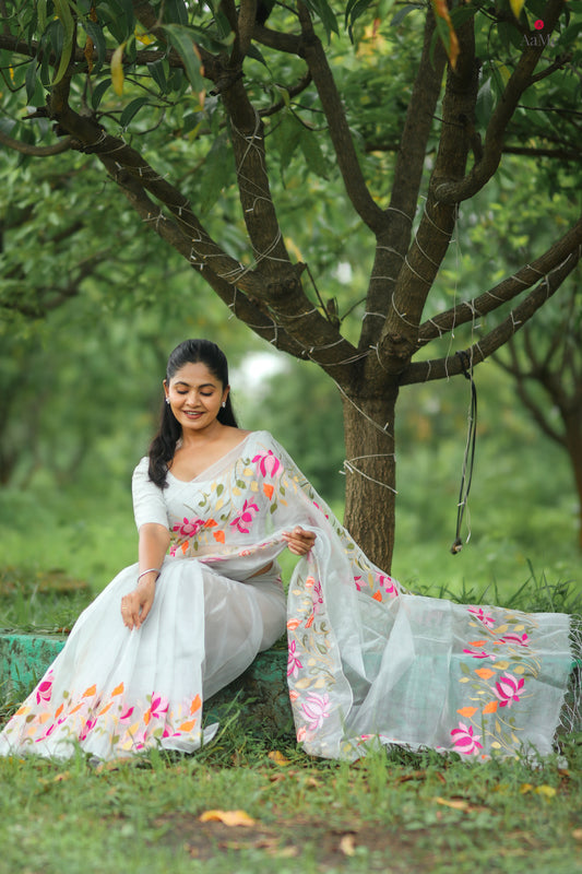 Silver white viral  tissue saree with floral embroidery orange and pink