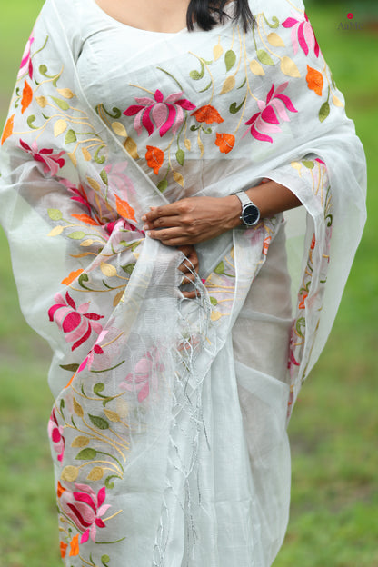 Silver white viral  tissue saree with floral embroidery orange and pink