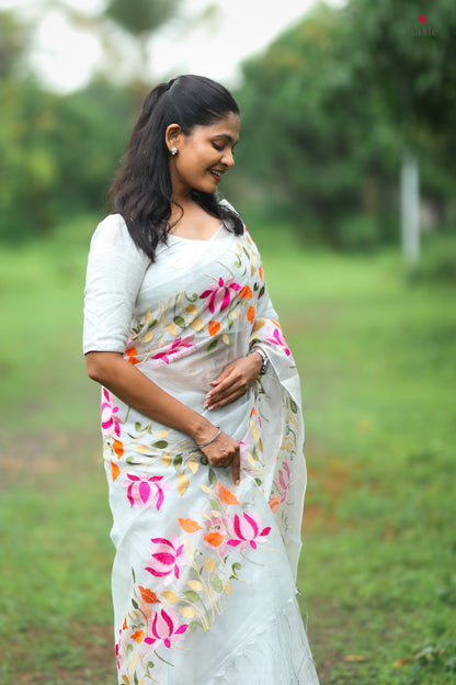 Silver white viral  tissue saree with floral embroidery orange and pink
