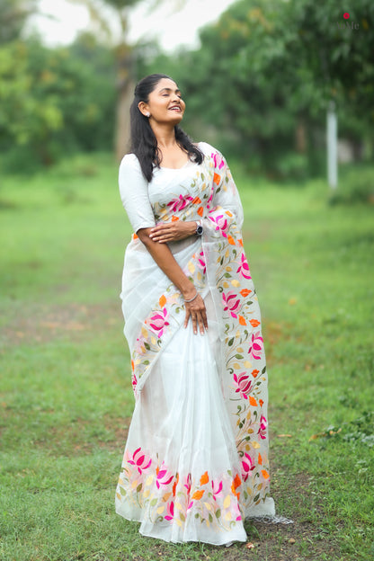 Silver white viral  tissue saree with floral embroidery orange and pink