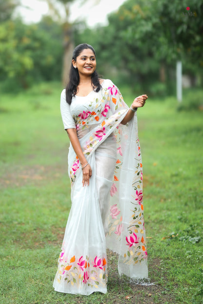 Silver white viral  tissue saree with floral embroidery orange and pink