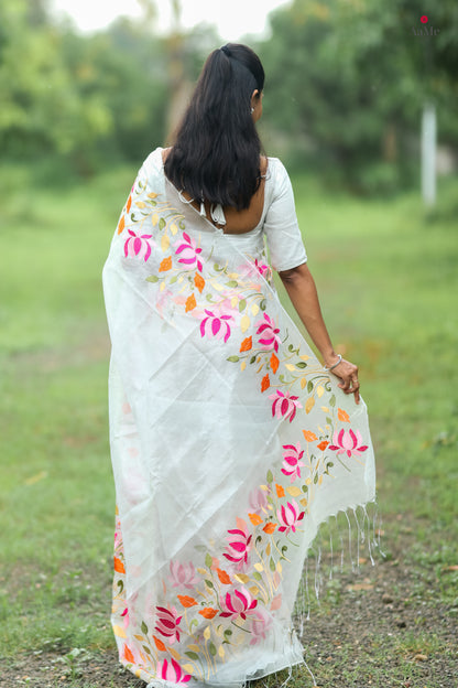 Silver white viral  tissue saree with floral embroidery orange and pink
