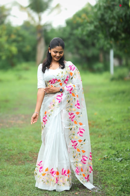 Silver white viral  tissue saree with floral embroidery orange and pink