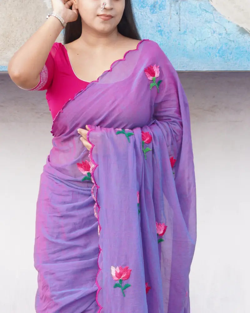 Soft and comfortable light weight purple violet pink dual tone   mulmul cotton saree with lotus hand embroidery good for day time wear