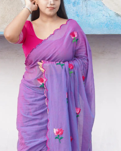 Soft and comfortable light weight purple violet pink dual tone   mulmul cotton saree with lotus hand embroidery good for day time wear