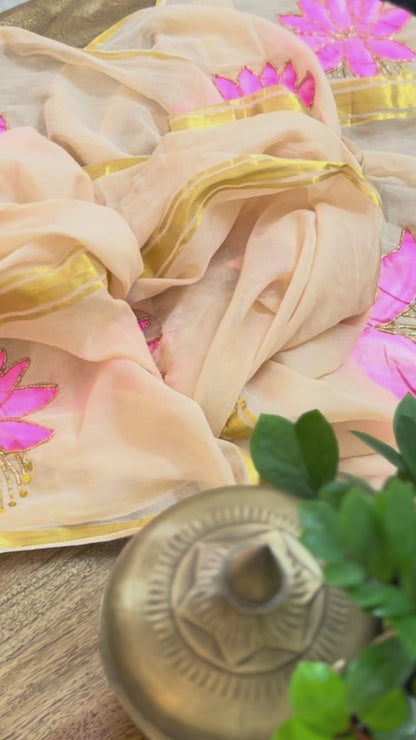 Serene Lotus | Handpainted Mulmul Cotton Saree
