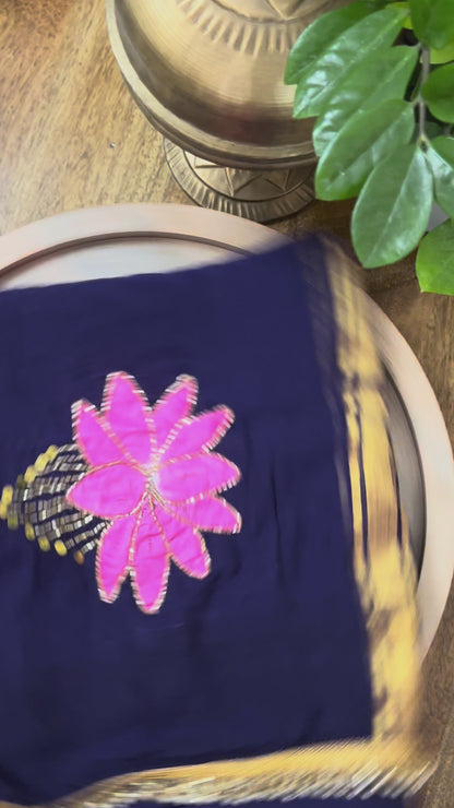 Midnight Lotus | Handpainted Mulmul Cotton Saree (Midnight Blue)