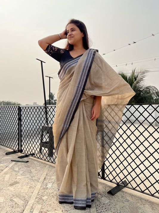 Beige - Black cotton Dhaniakhali handloom saree new collection