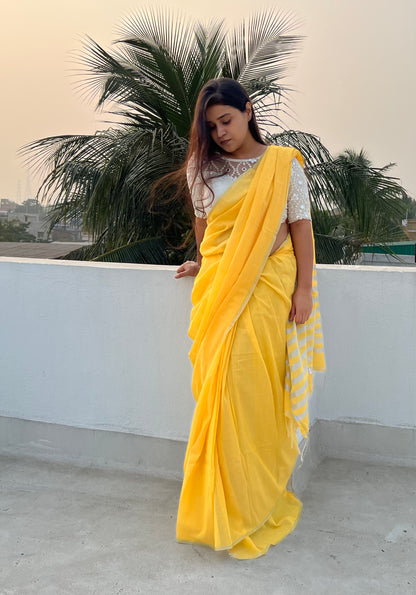 Yellow - Silver soft and comfortable Khadi cotton saree 