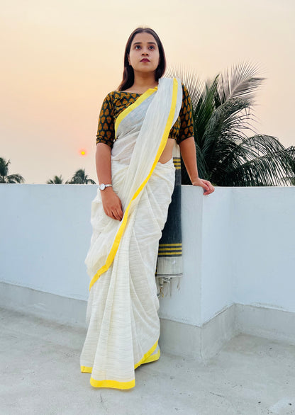 White-yellow soft and comfortable Khadi cotton saree 