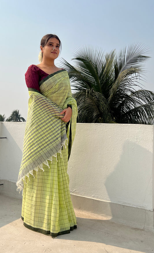 Lime Green - Black cotton Dhaniakhali handloom saree new collection