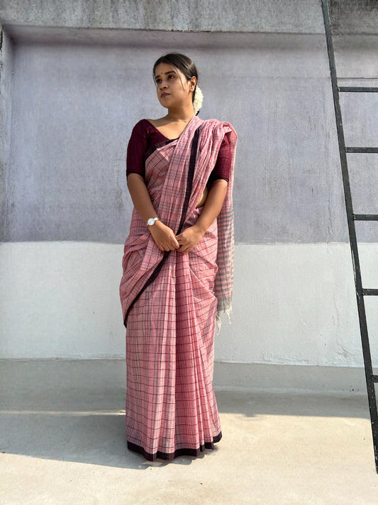 Pink - Black cotton Dhaniakhali handloom saree new collection