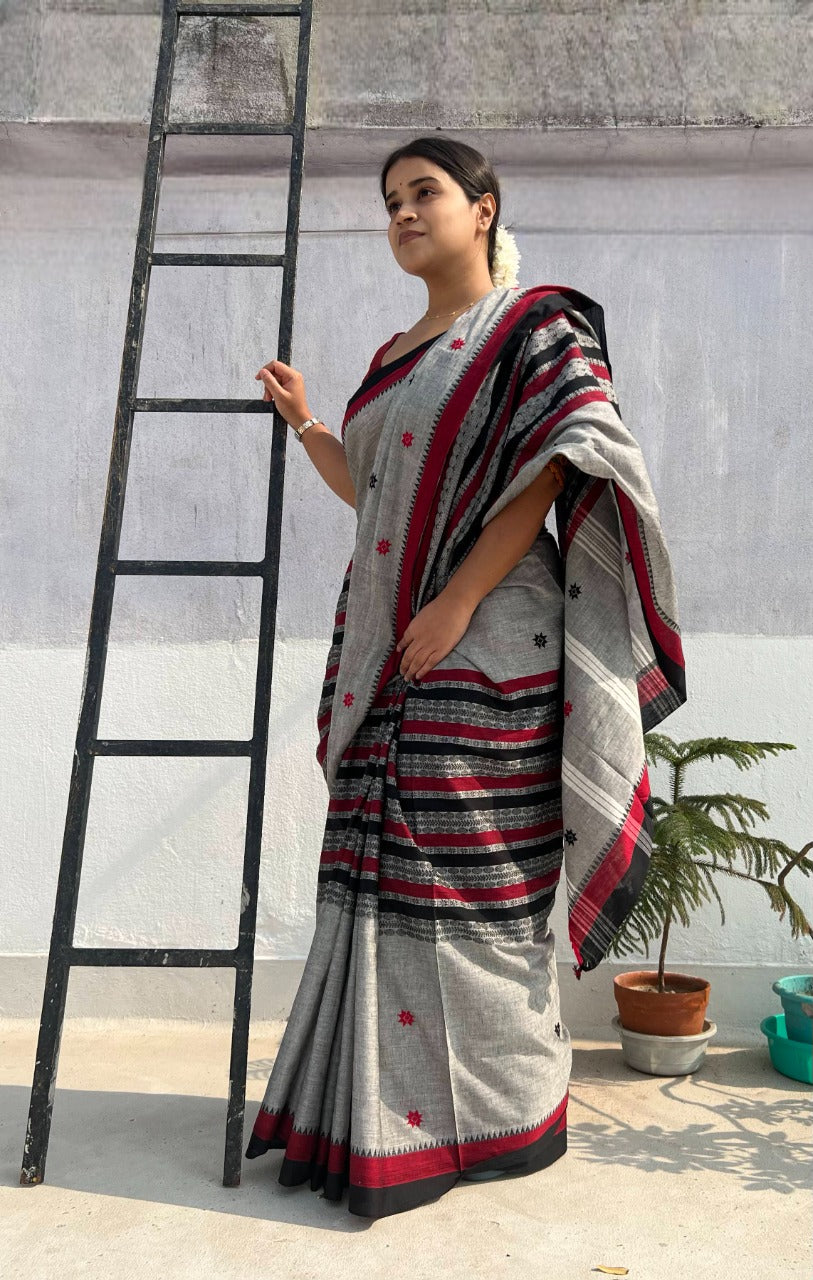 Grey black red  cotton handloom saree