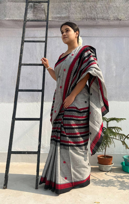 Grey black red  cotton handloom saree