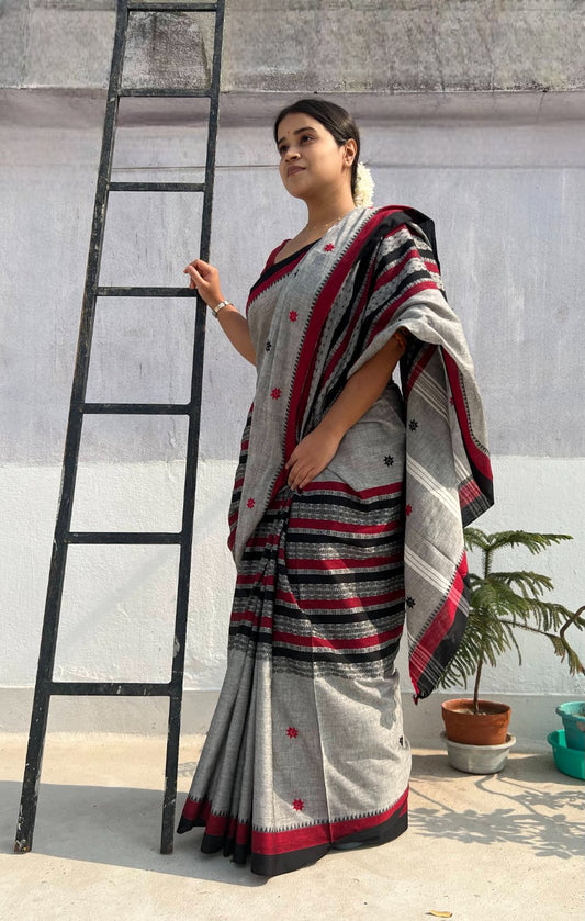 Grey black red  cotton handloom saree